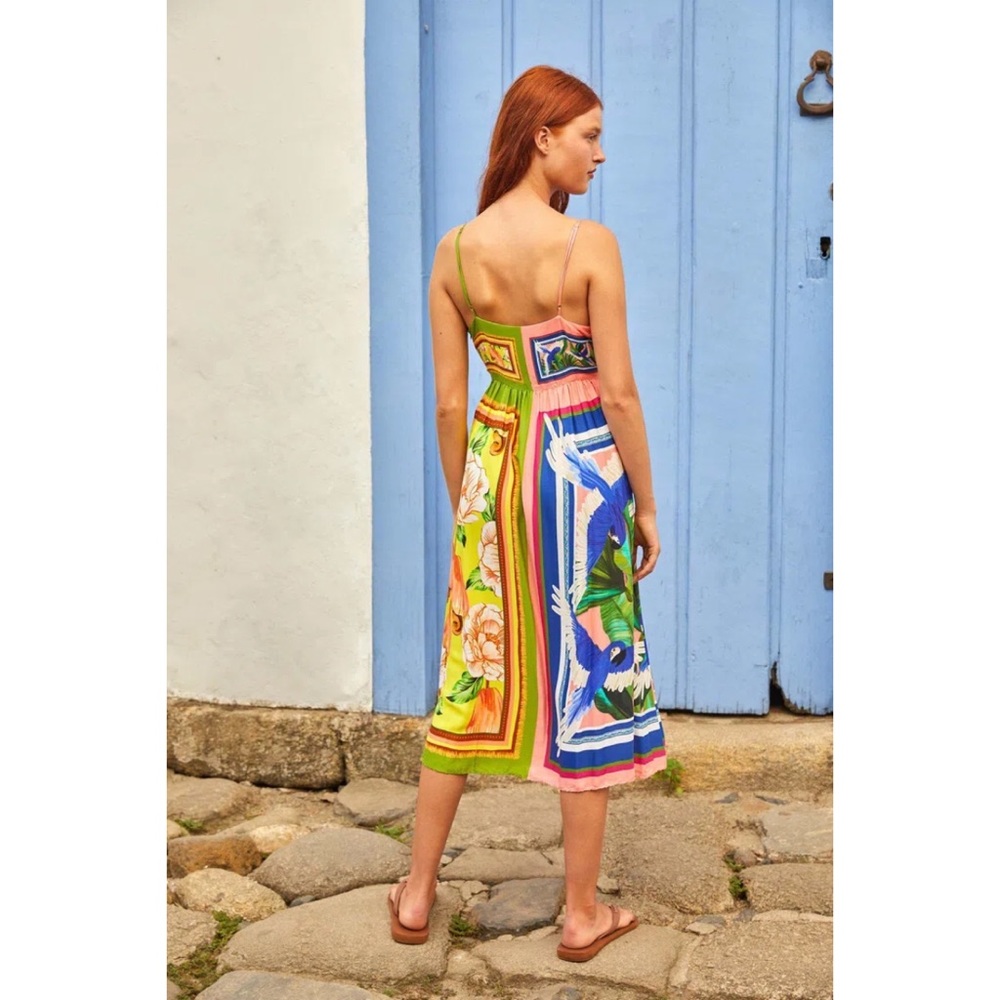 Farm Rio Blue Pink Parrot Yellow Green Floral Scarf Midi Dress NWT Small - Picture 2 of 5